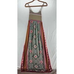 Angie Boho Mixed Print Maxi Dress Red Green Geometric Tie Back Rayon Medium